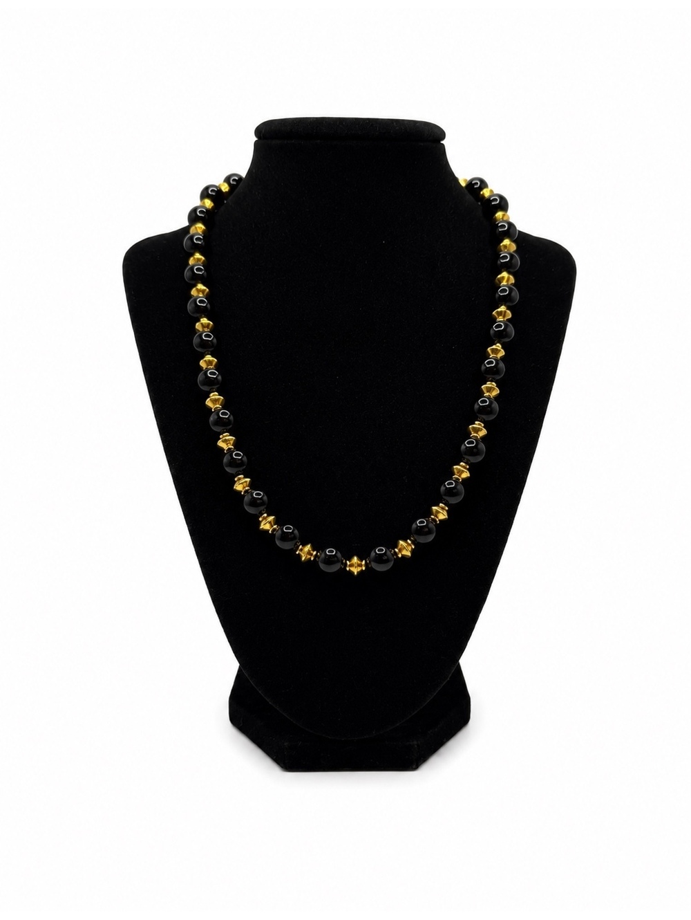 Jewelry By GG Black and Gold Onyx and Pewter 10" Beaded Necklace